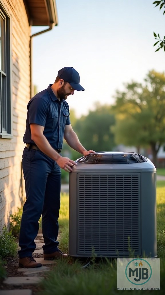 MJB Heating & Cooling technician servicing an HVAC system in Derby, KS